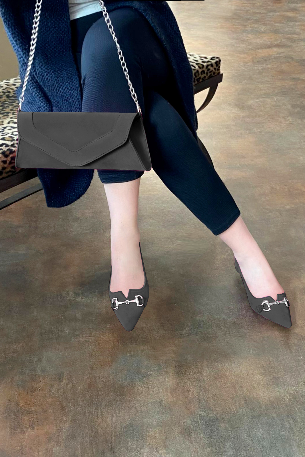 Dark grey women's dress pumps,with a square neckline. Tapered toe. Low flare heels. Worn view - Florence KOOIJMAN